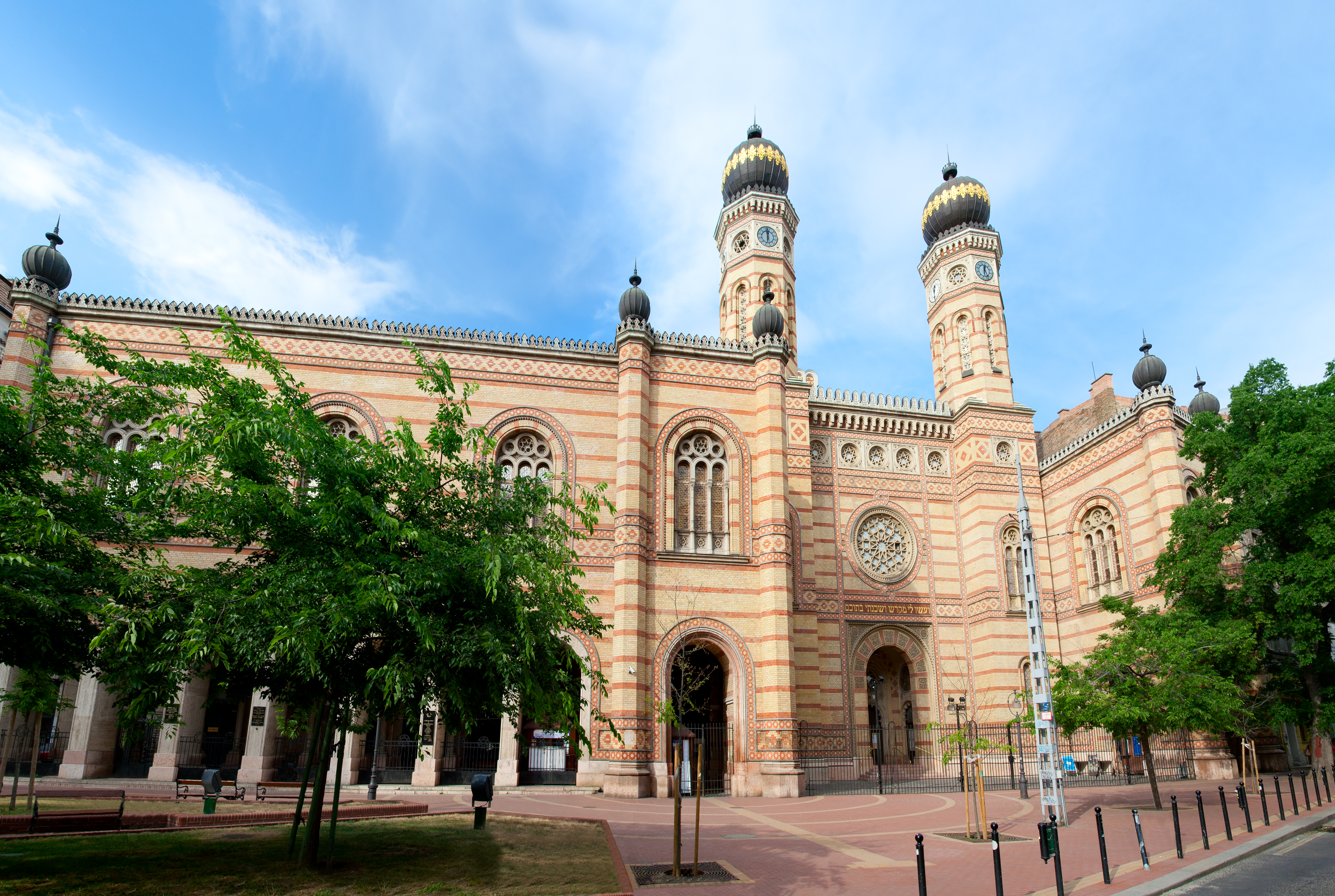 Perspective view on entrance to landmark ornate Jewish temple
