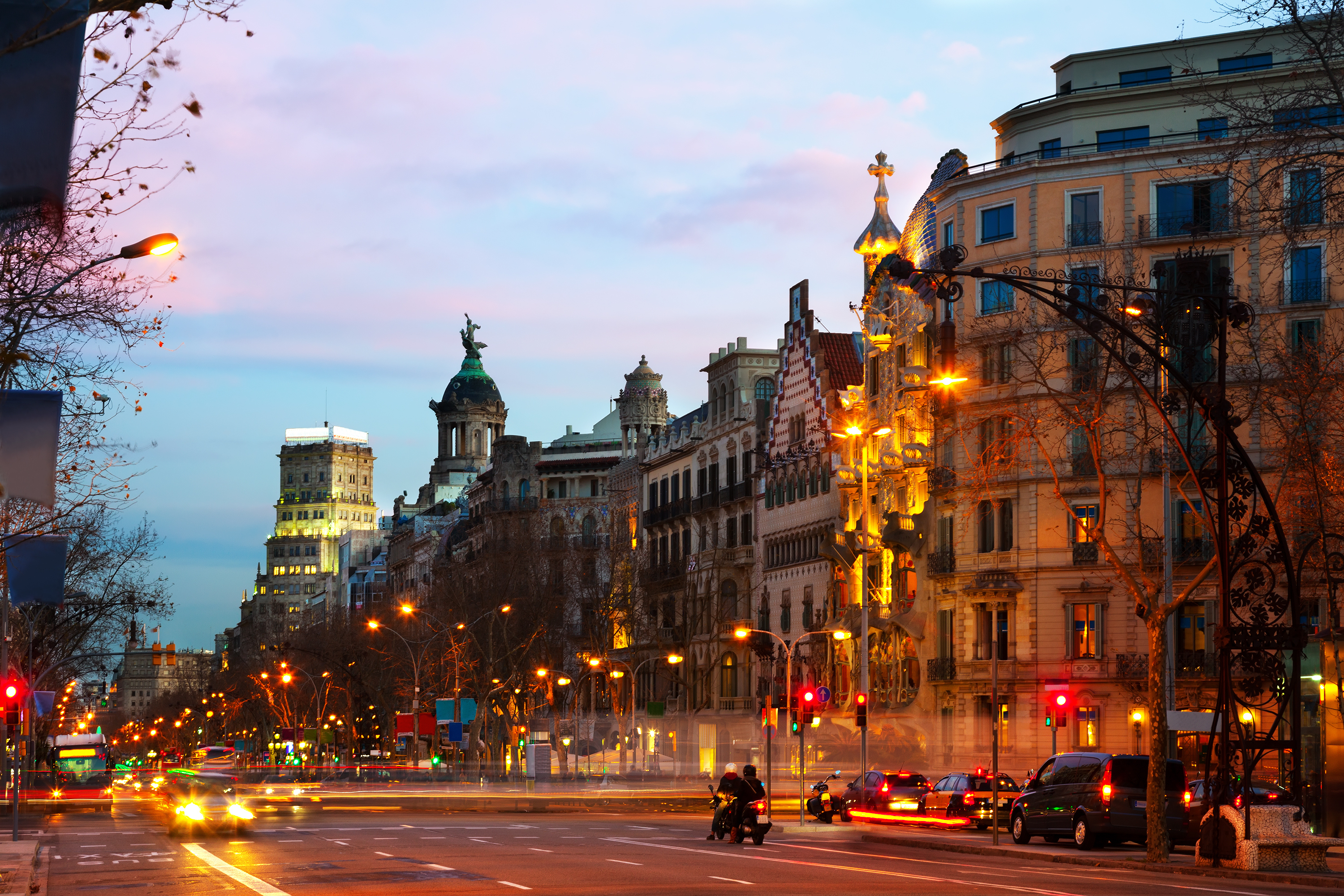 Passeig de Gracia in winter dawn. Barcelona, Spain