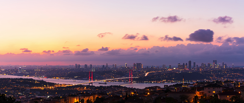 The Bosphorus Bridge and the night lights of Istanbul, aerial panorama